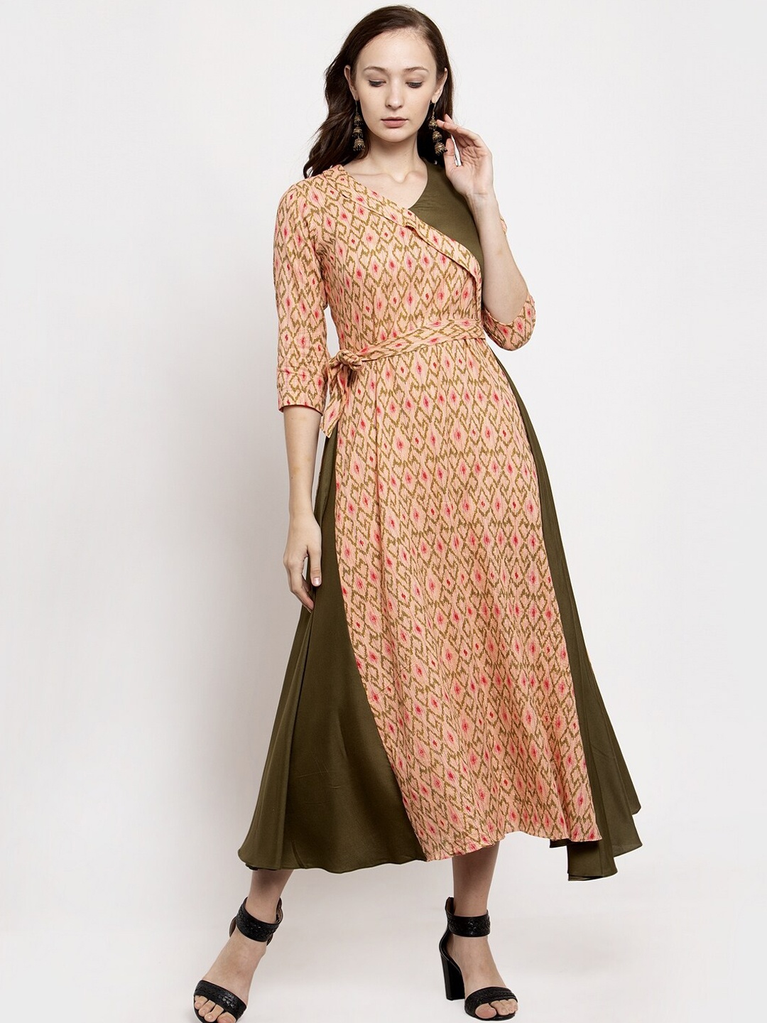 

DUGRI BE THE ONE Women Green & Orange Printed Fit and Flare Dress