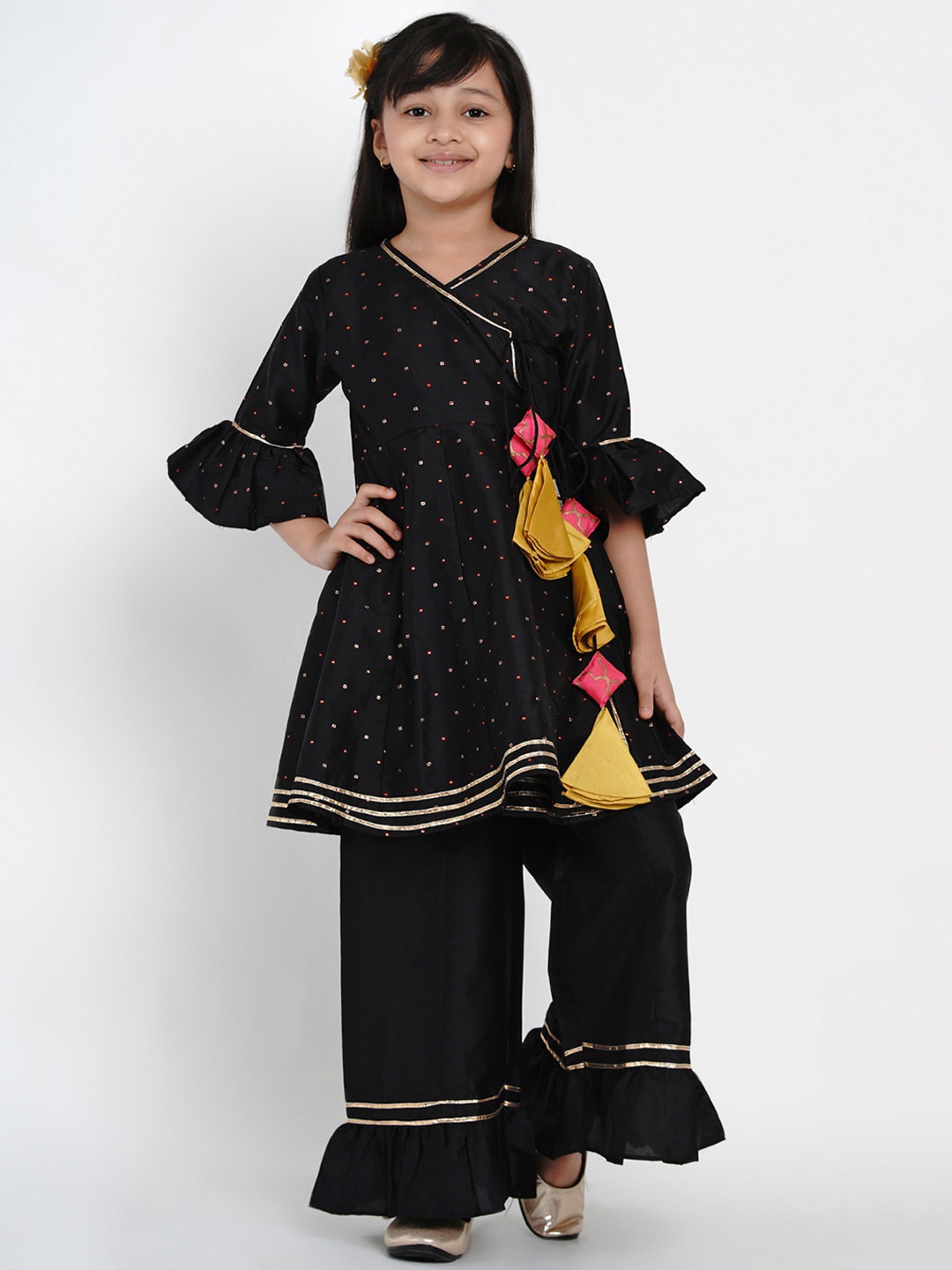 

Bitiya by Bhama Girls Black & Gold-Toned Print & Striped Kurta with Palazzos