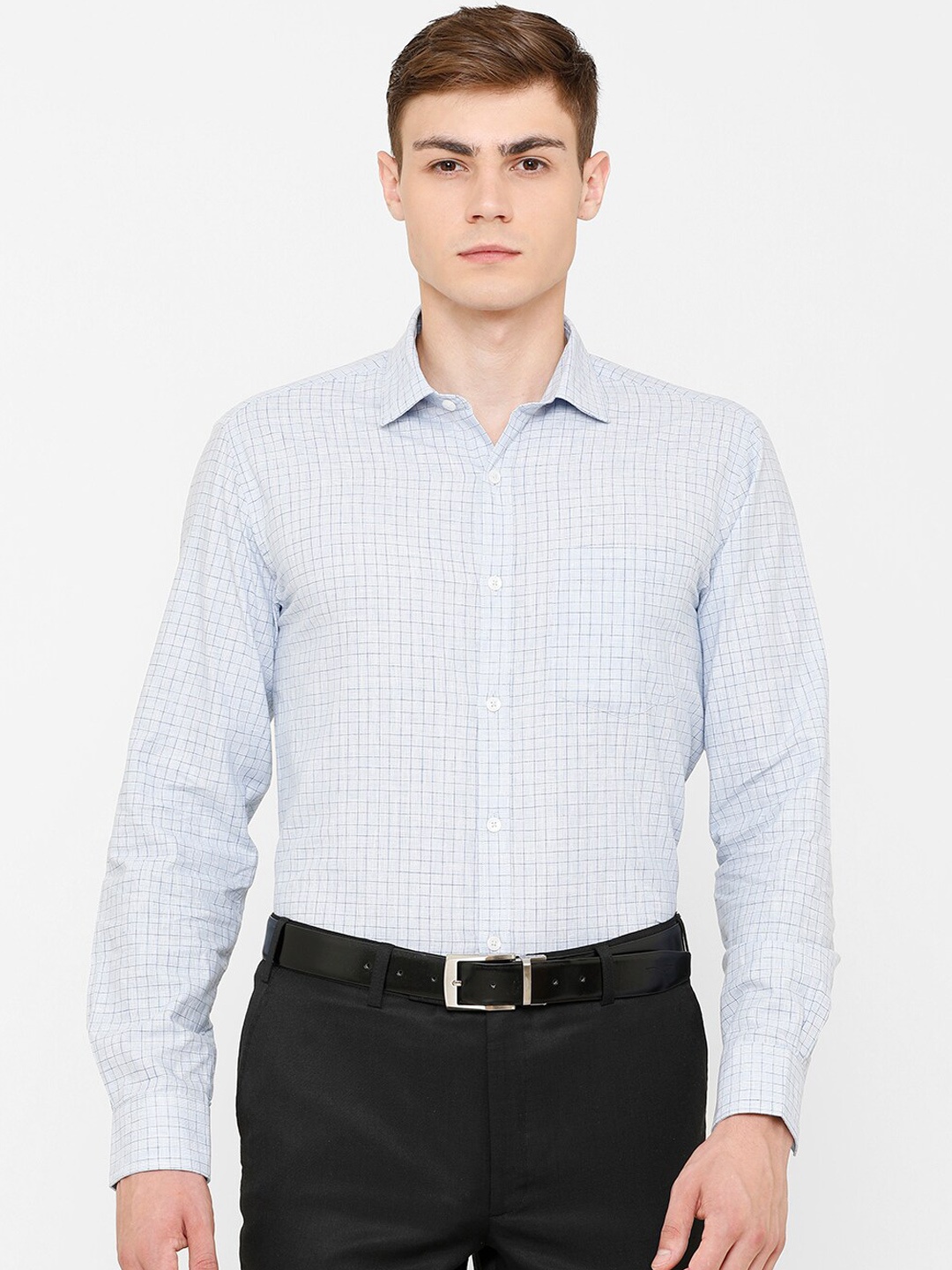 

CAVALLO by Linen Club Men Blue Checked Linen Cotton Formal Shirt