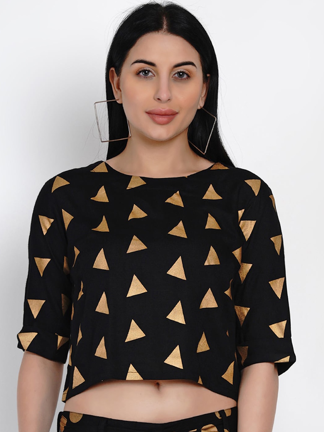 

FABNEST Women Black & Gold Printed Boxy Crop Top