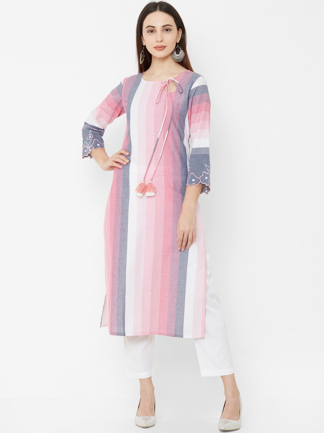 

Os Women Pink & White Striped Straight Kurta