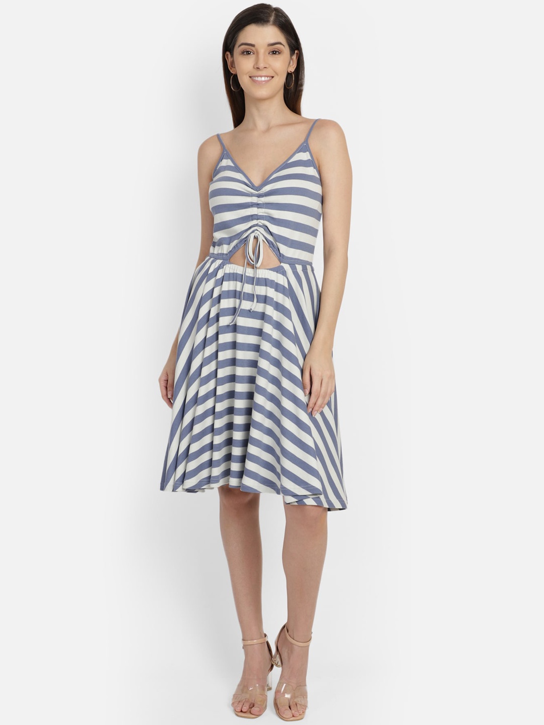 

Yaadleen Women Blue & White Striped Fit and Flare Dress