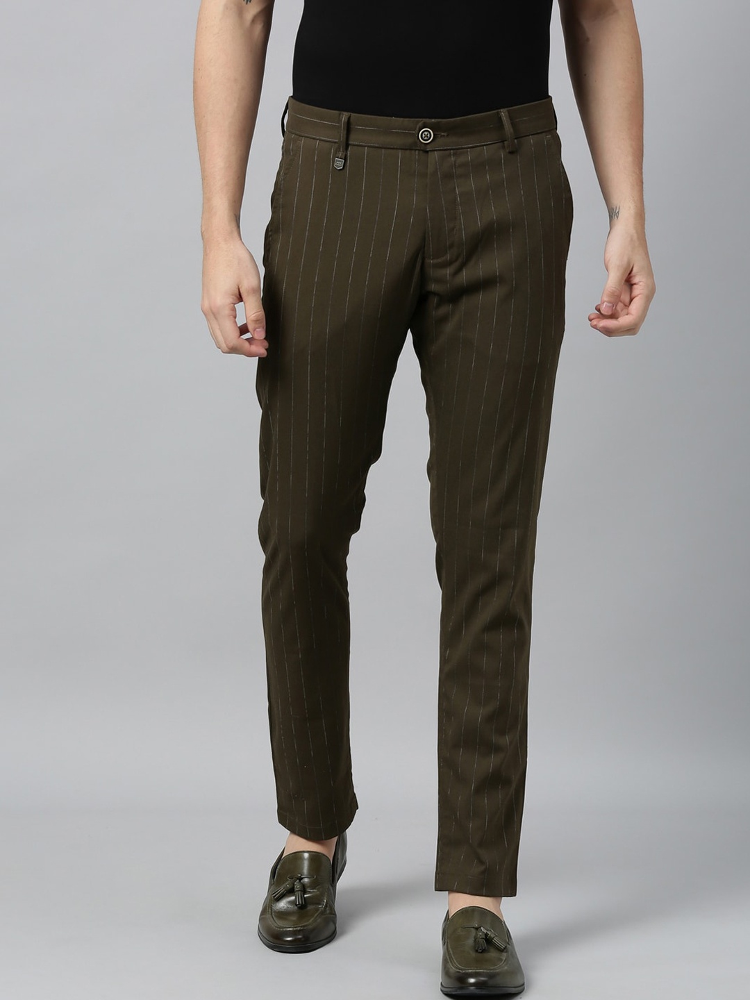 

RARE RABBIT Men Olive Green Slim Fit Striped Regular Trousers