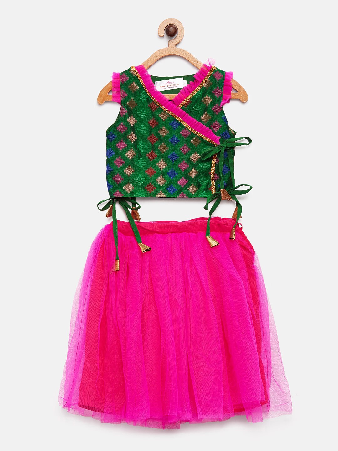 

MANY FROCKS & Girls Green & Pink Self Design Top with Skirt