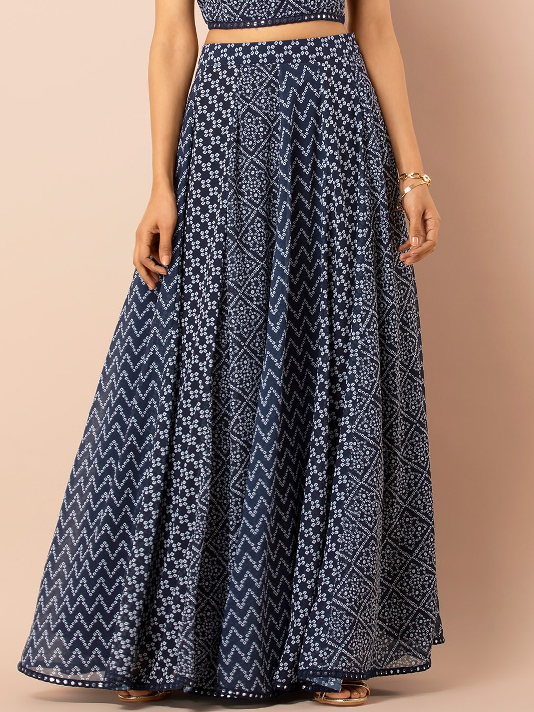 

INDYA Women Navy Blue & White Bandhani Printed Maxi Skirt