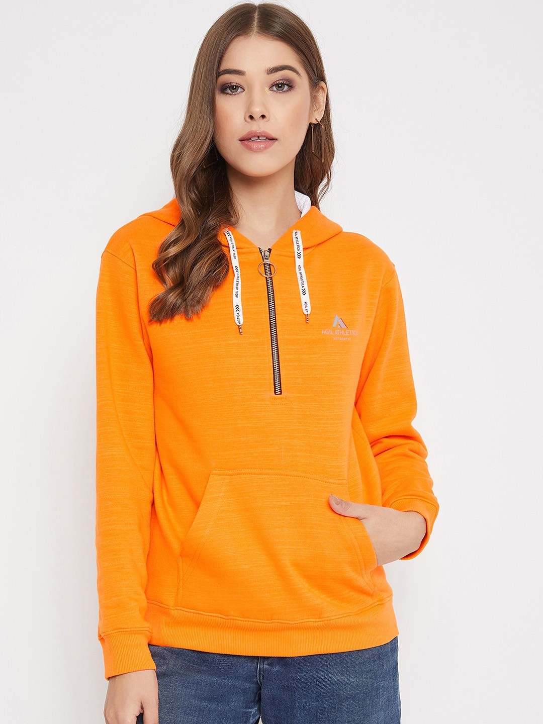

AGIL ATHLETICA Women Orange Solid Hooded Sweatshirt