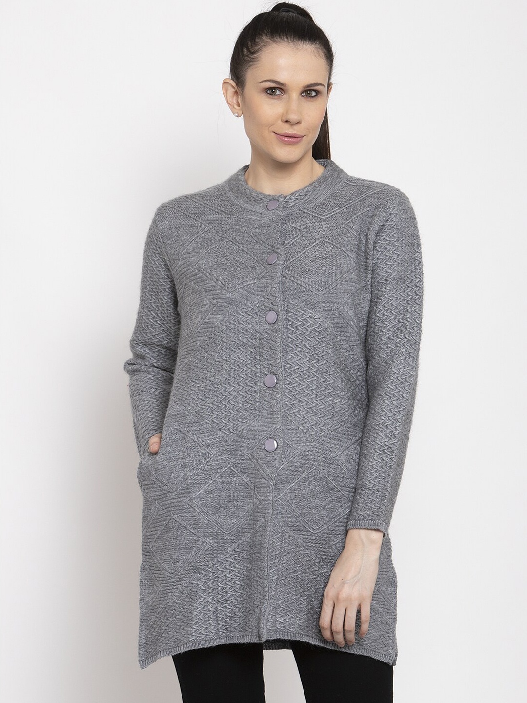 

VANYA Women Grey Self Design Front-Open Sweater