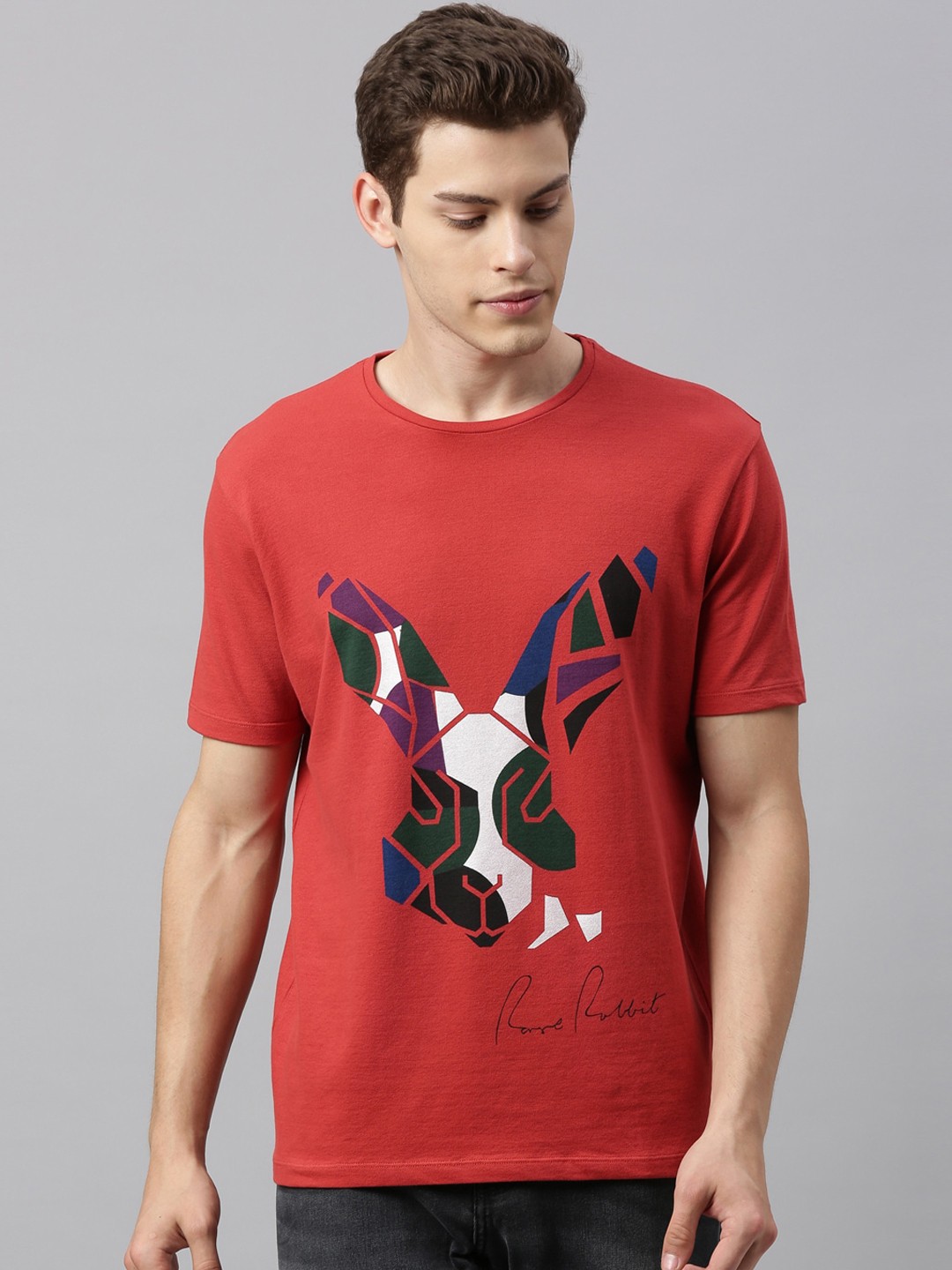 

RARE RABBIT Men Red Printed Round Neck T-shirt