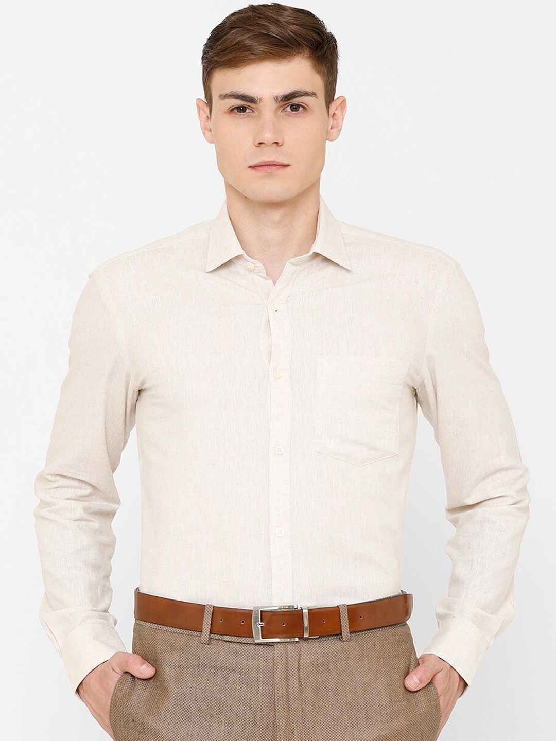 CAVALLO by Linen Club Men Linen Cotton Cream-Coloured Regular Fit Solid Formal Shirt