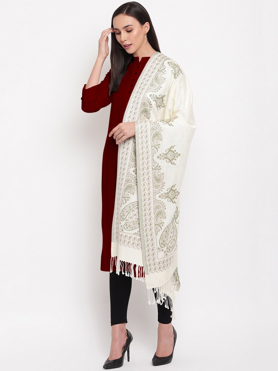 

HK colours of fashion Women Off-White & Green Woven Design Stole