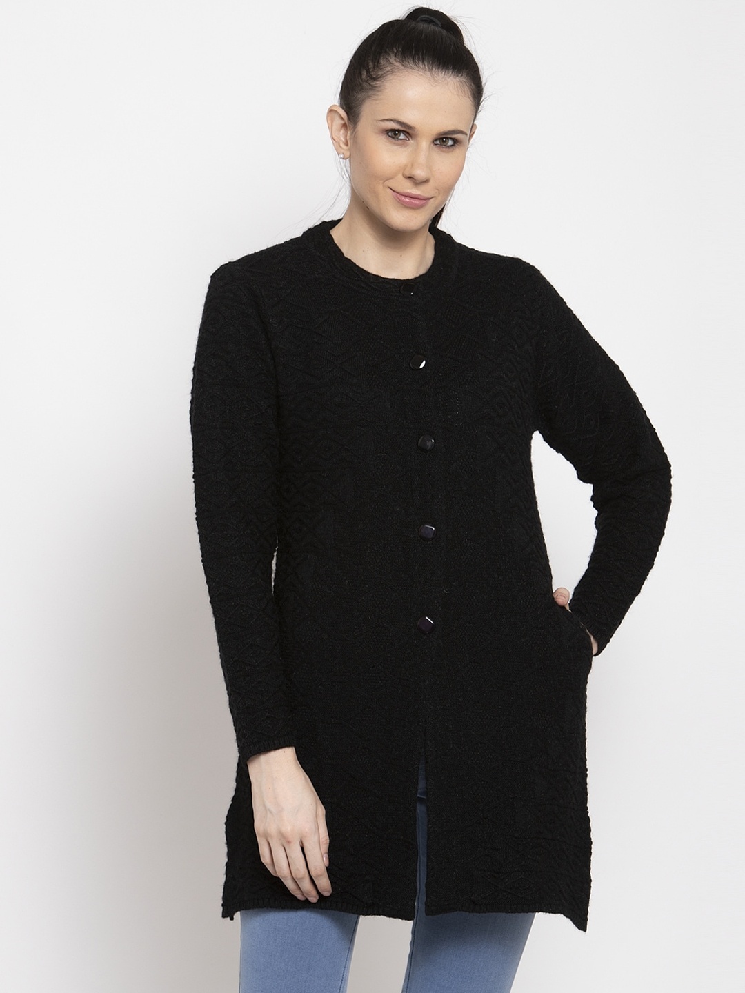 

VANYA Women Black Self Design Cardigan Sweater