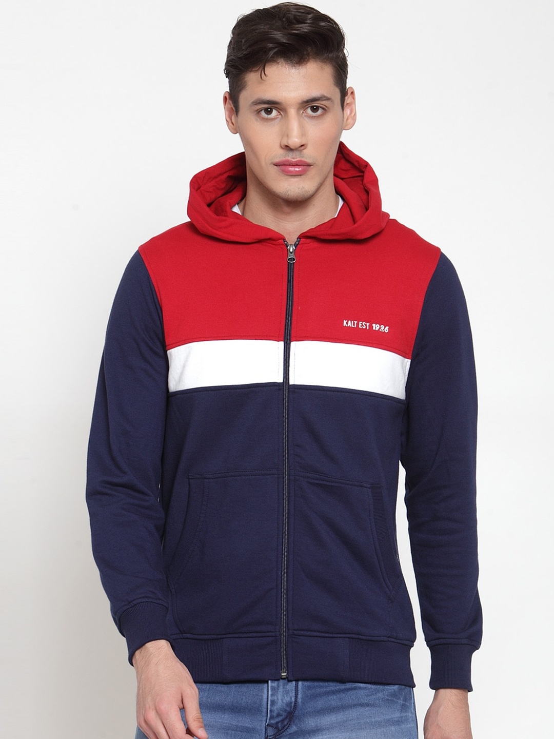 

Kalt Men Navy Blue & Red Colourblocked Sporty Jacket