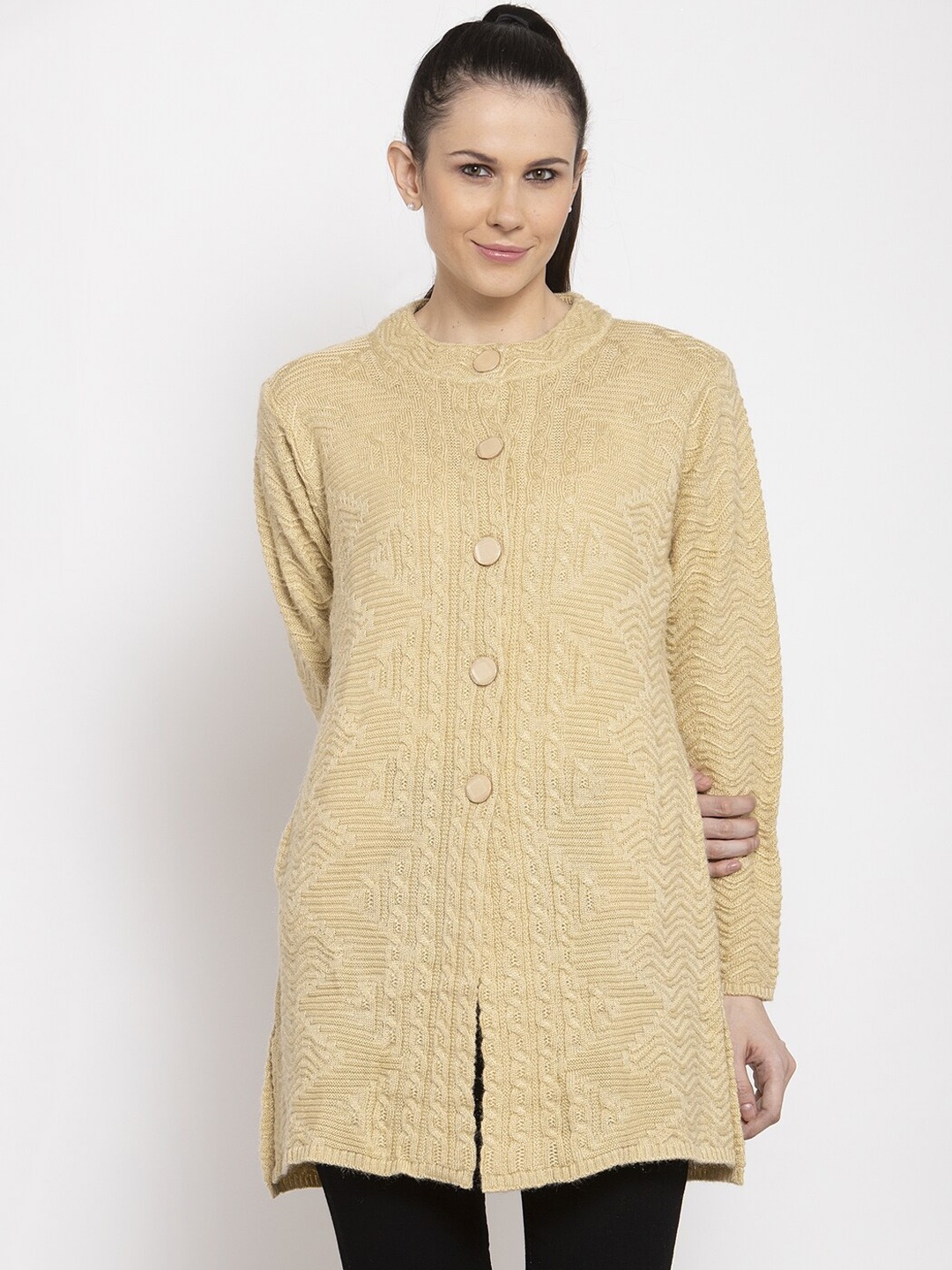 VANYA Women Beige Self Design Cardigan Sweater