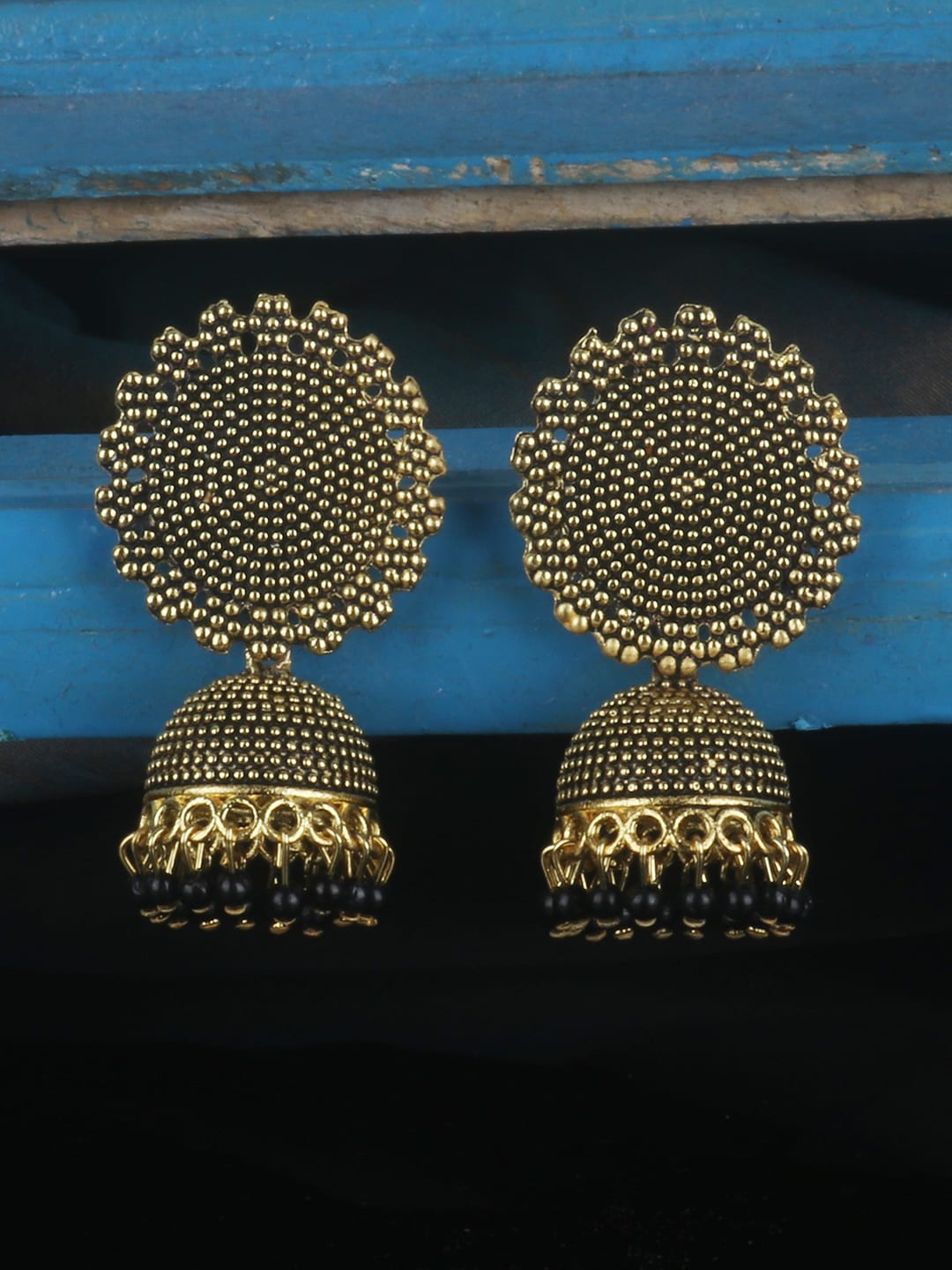 

ANIKAS CREATION Gold-Plated & Black Oxidised Dome Shaped Jhumkas