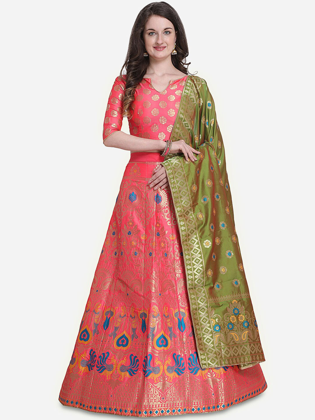 

Stylee LIFESTYLE Peach & Green Printed Lehenga & Blouse with Dupatta