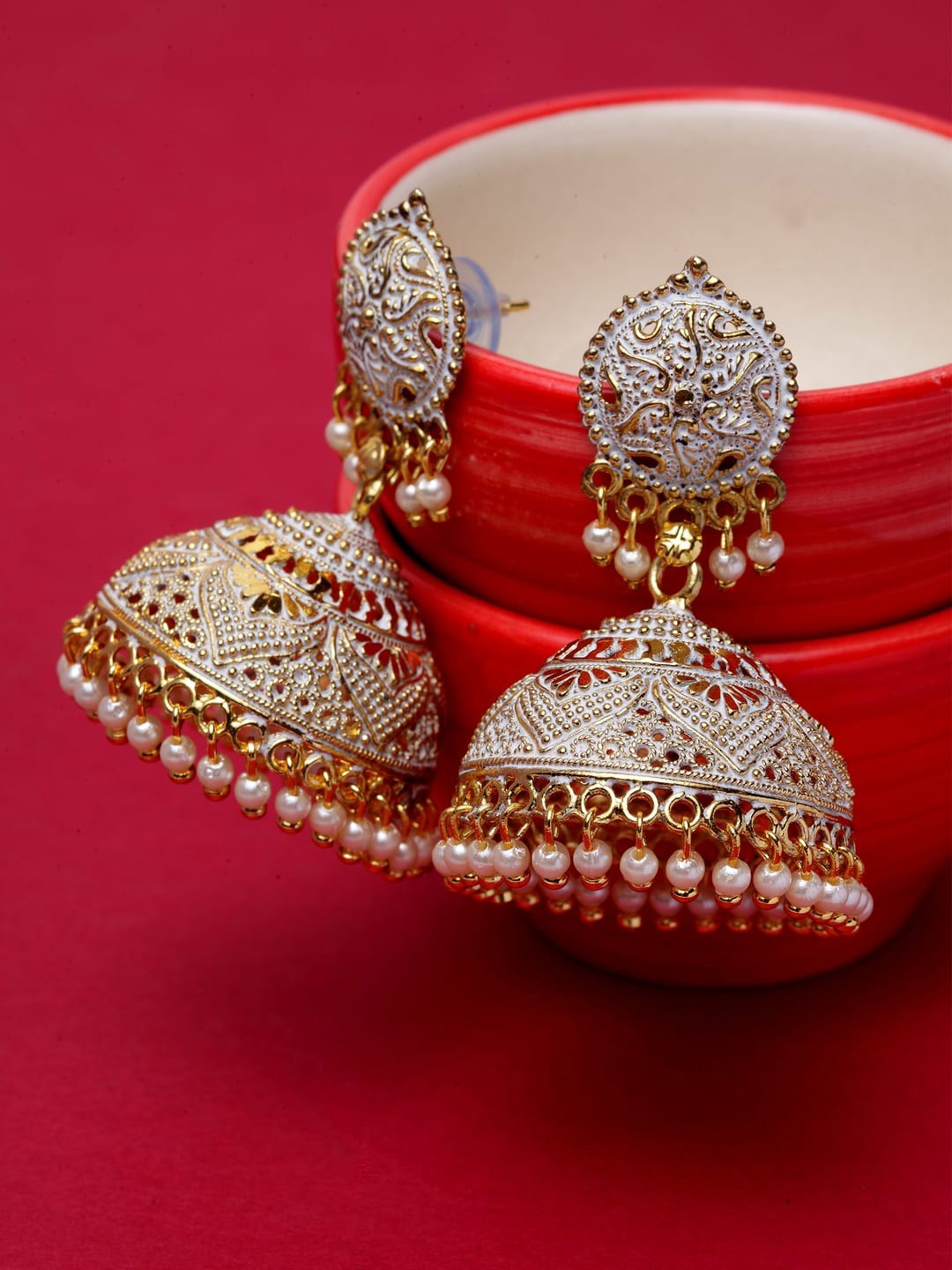 

ANIKAS CREATION Gold-Plated Enamelled Dome Shaped Jhumkas