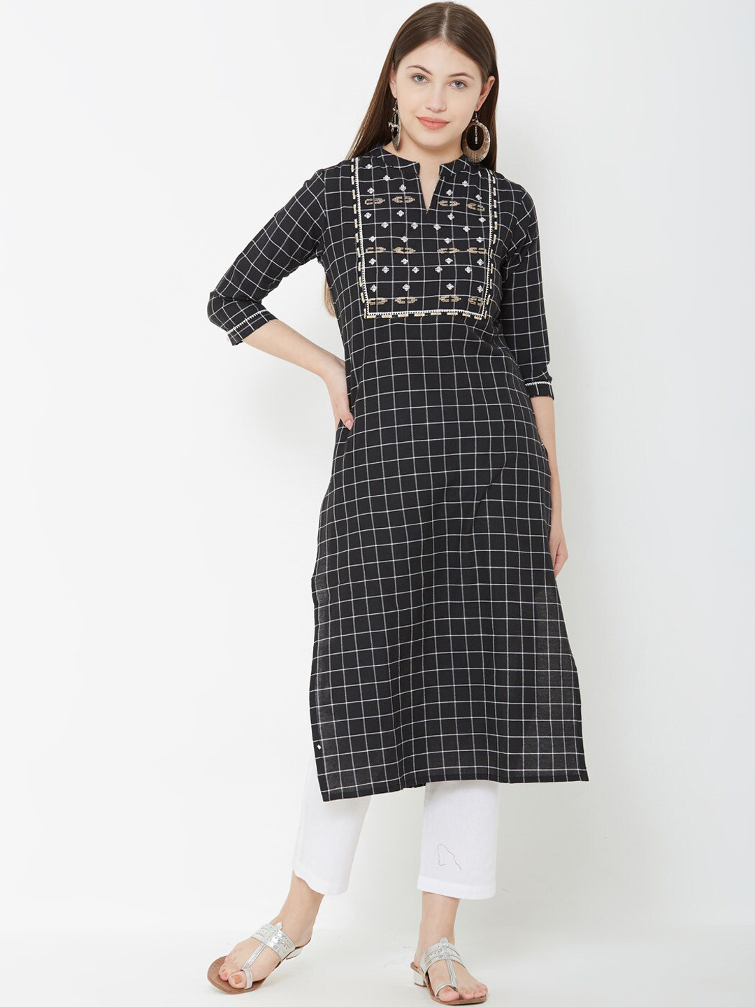 

FASHOR Women Black & Off-White Checked Straight Kurta