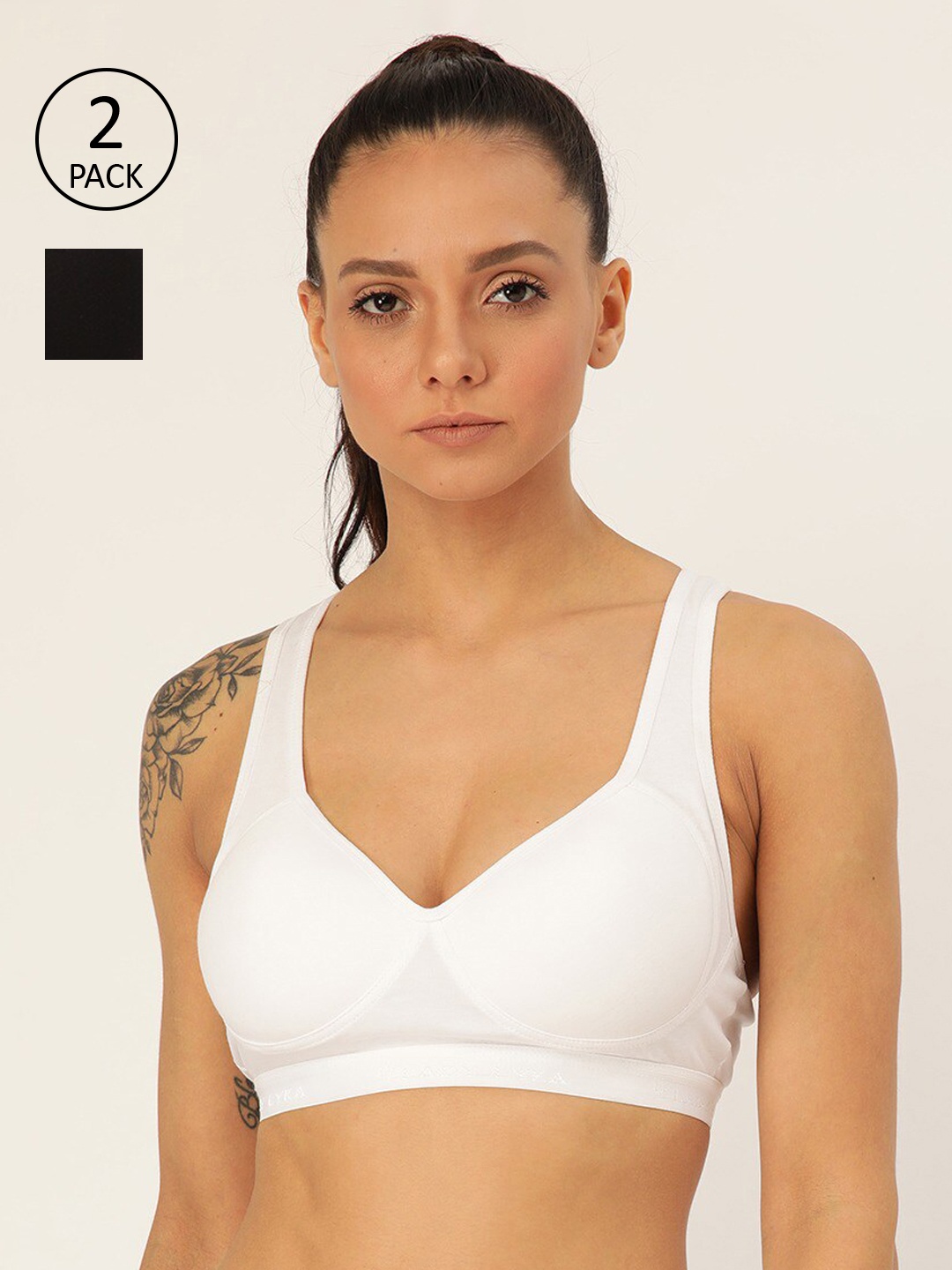 Lady Lyka Pack Of 2 White & Black Non-Wired Lightly Padded Workout Bras PROVOGUE-WHT-BLK