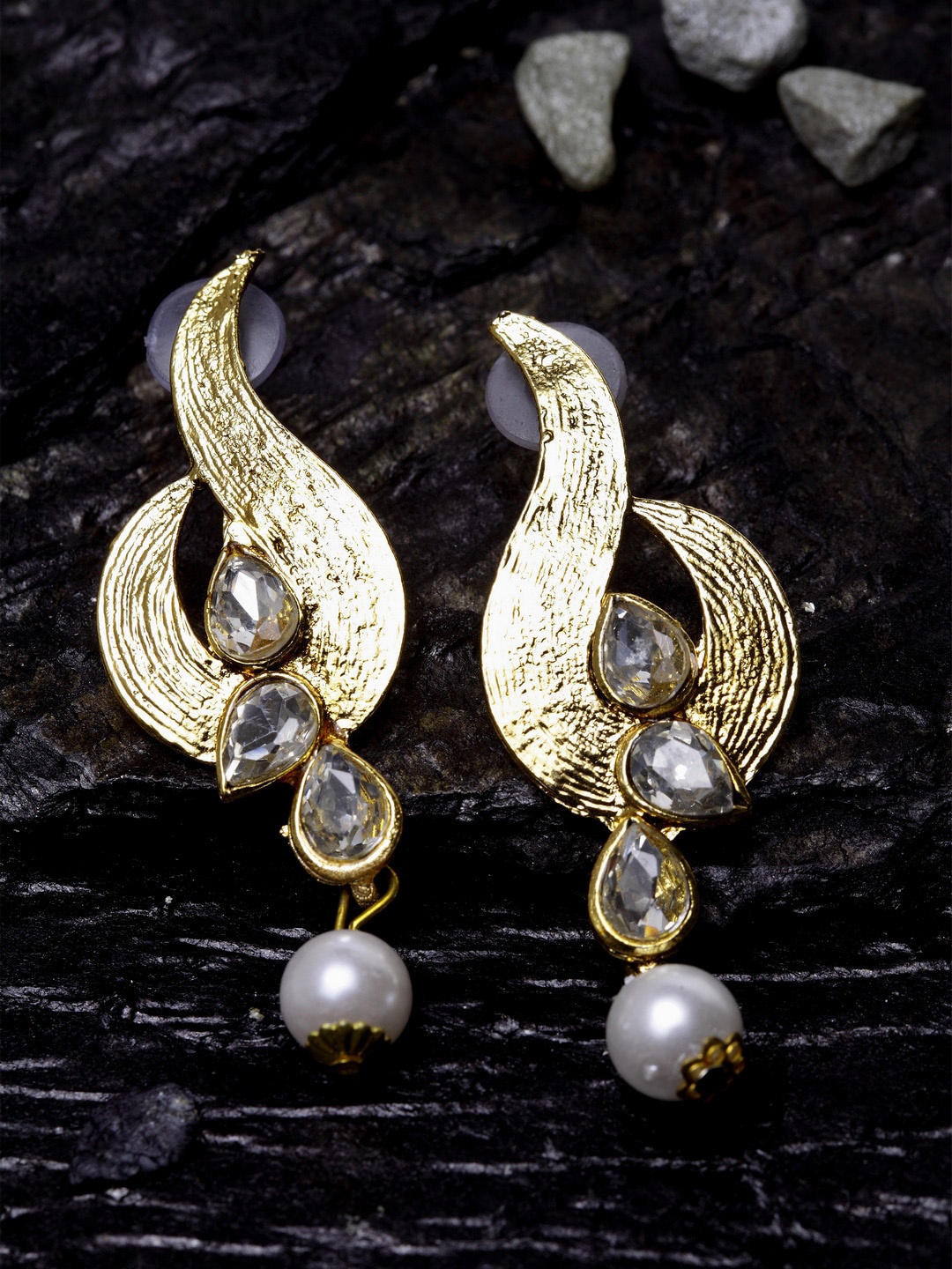 

ANIKAS CREATION Gold & White Contemporary Drop Earrings