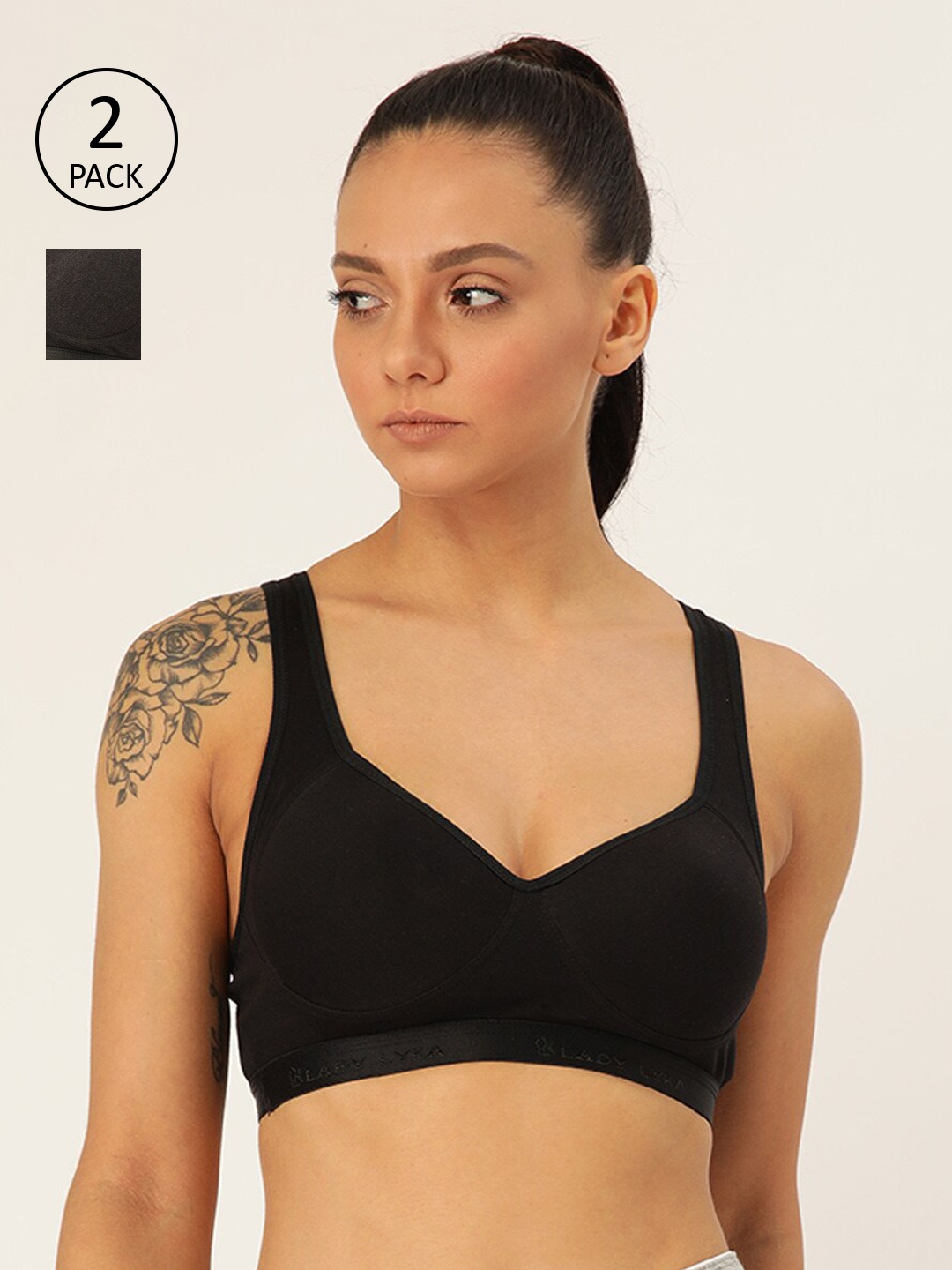 

Lady Lyka Pack of 2 Black Solid Non-Wired Lightly Padded Workout Bras PROVOGUE