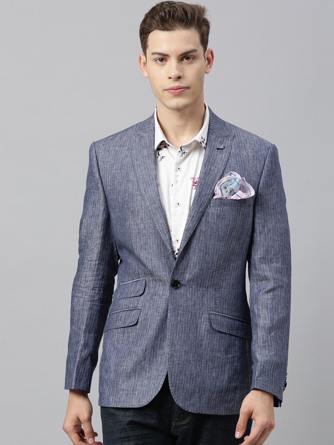 

RARE RABBIT Men Monsu Slim Fit Striped Single-Breasted Blazer, Blue