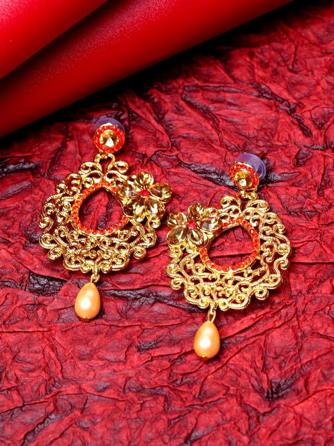 

ANIKAS CREATION Gold-Plated & Red Classic Drop Earrings