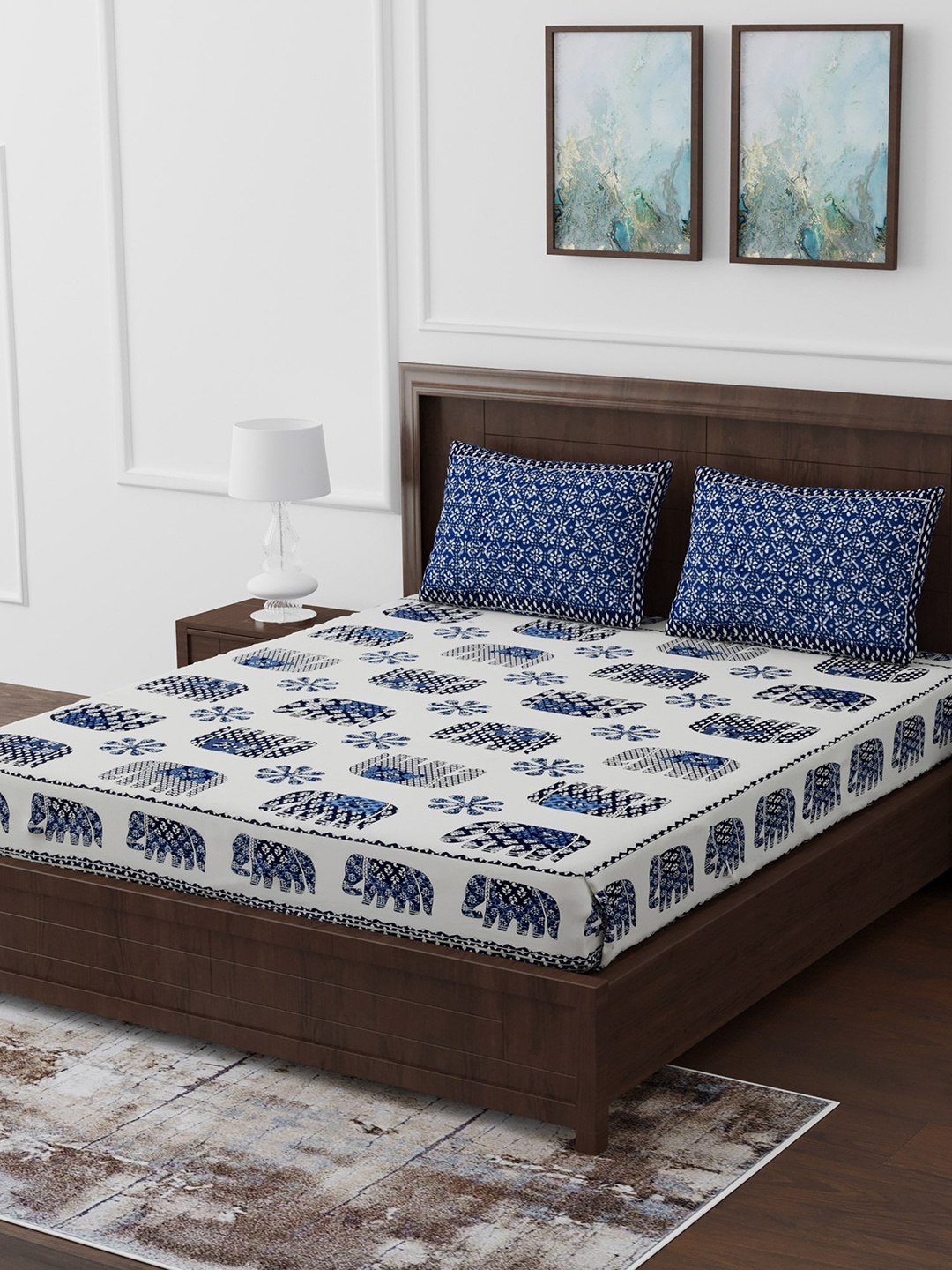 

Gulaab Jaipur Blue & White Ethnic Motifs 210 TC Cotton 1 Extra Large Bedsheet with 2 Pillow Covers