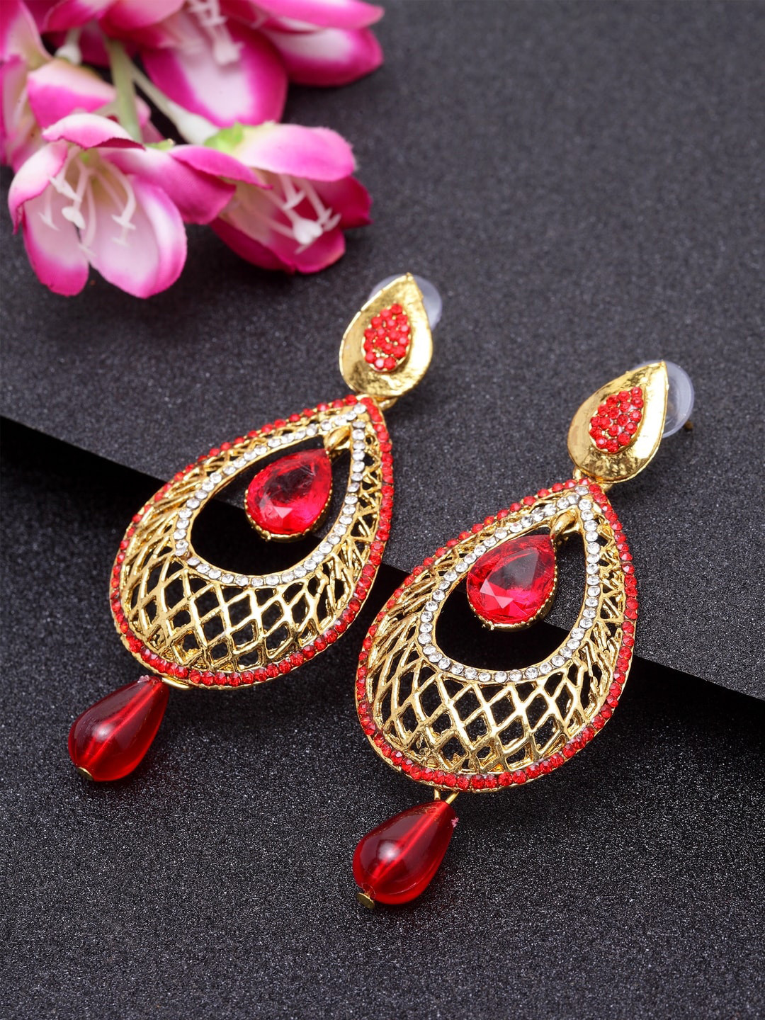 

ANIKAS CREATION Gold-Toned & Red Oval Drop Earrings