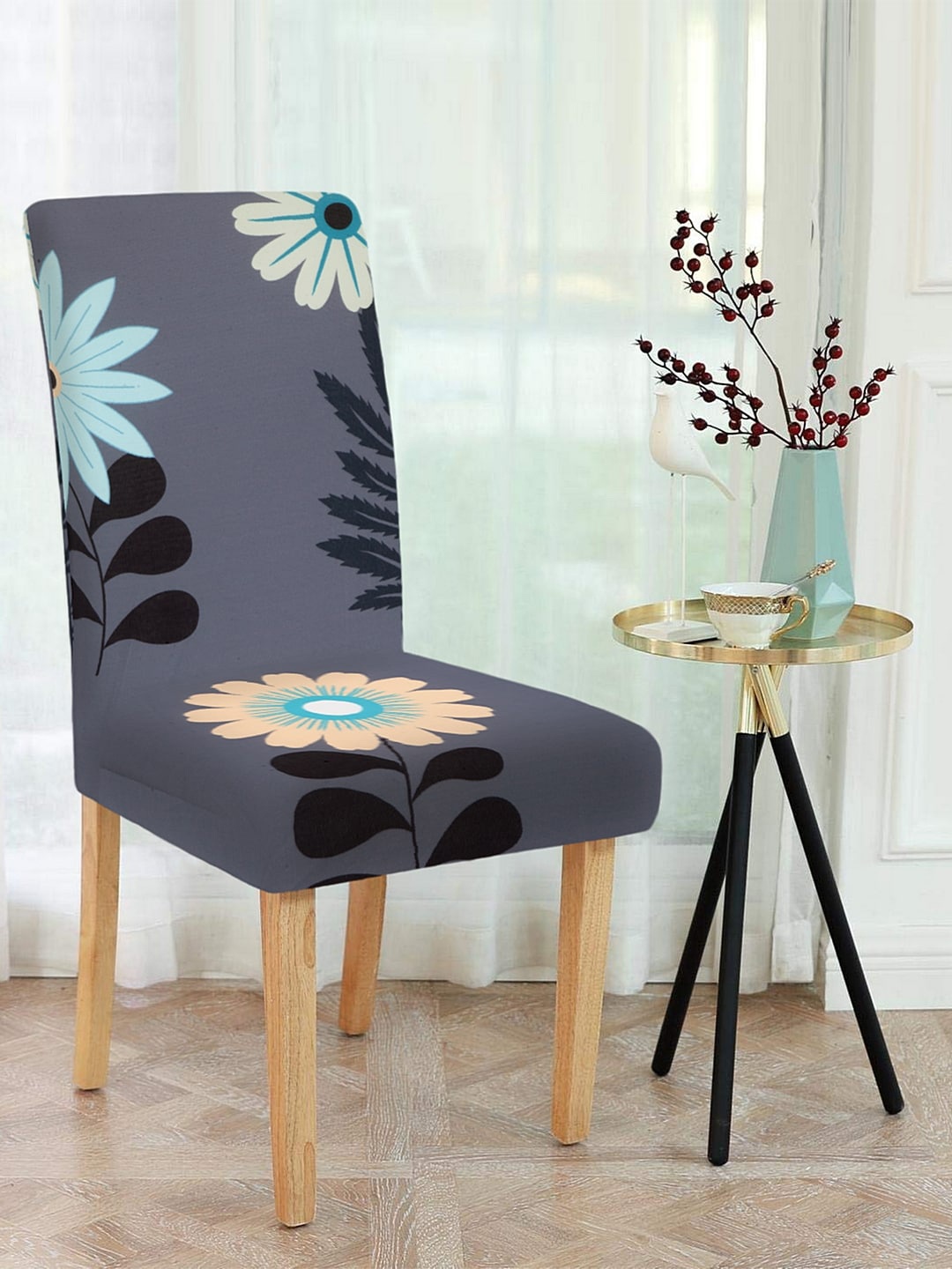 

Cortina Set Of 4 Grey & Blue Printed Chair Covers, Grey melange