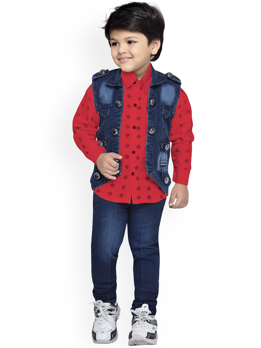 

Aj DEZInES Boys Red & Blue Printed Shirt with Trousers