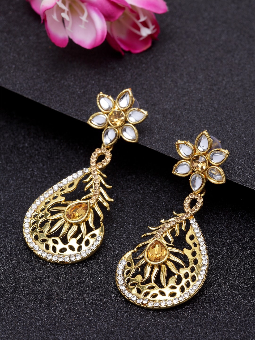 

ANIKAS CREATION Gold-Plated Floral Drop Earrings