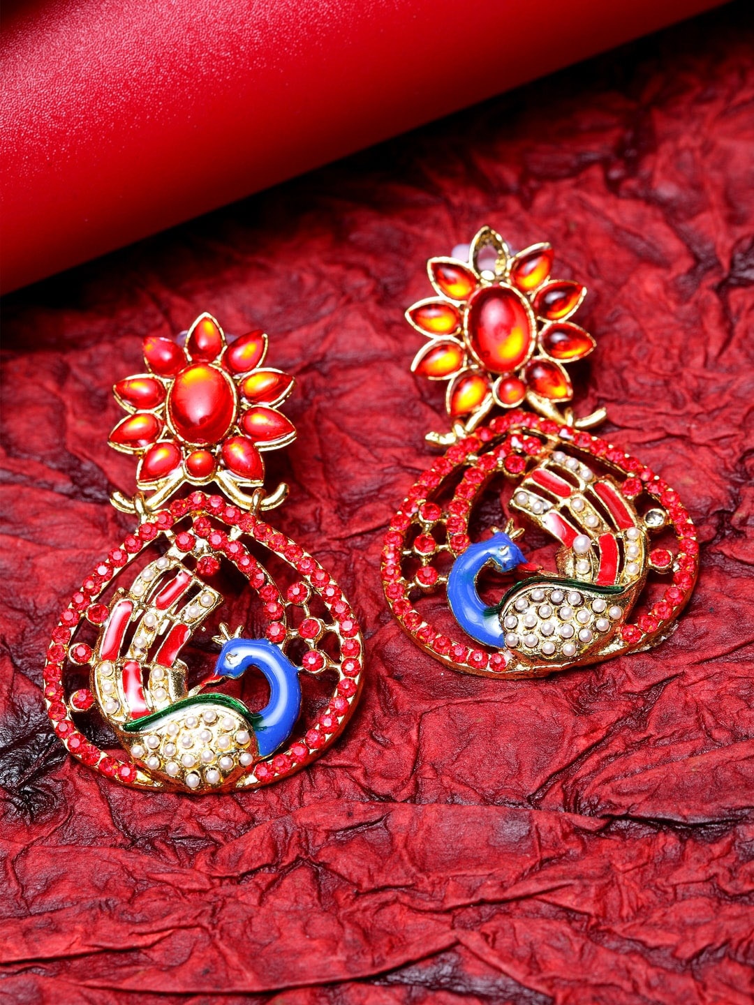 

ANIKAS CREATION Red & Blue Peacock Shaped Drop Earrings