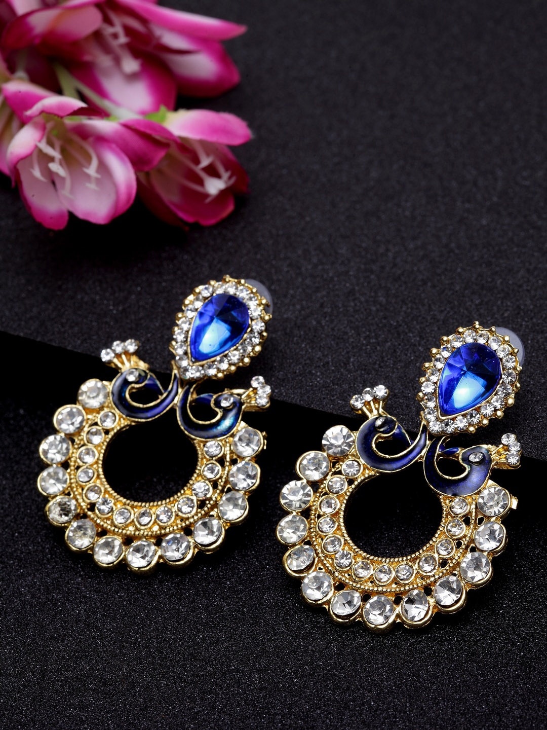 

ANIKAS CREATION Gold-Plated & Blue Peacock Shaped Drop Earrings