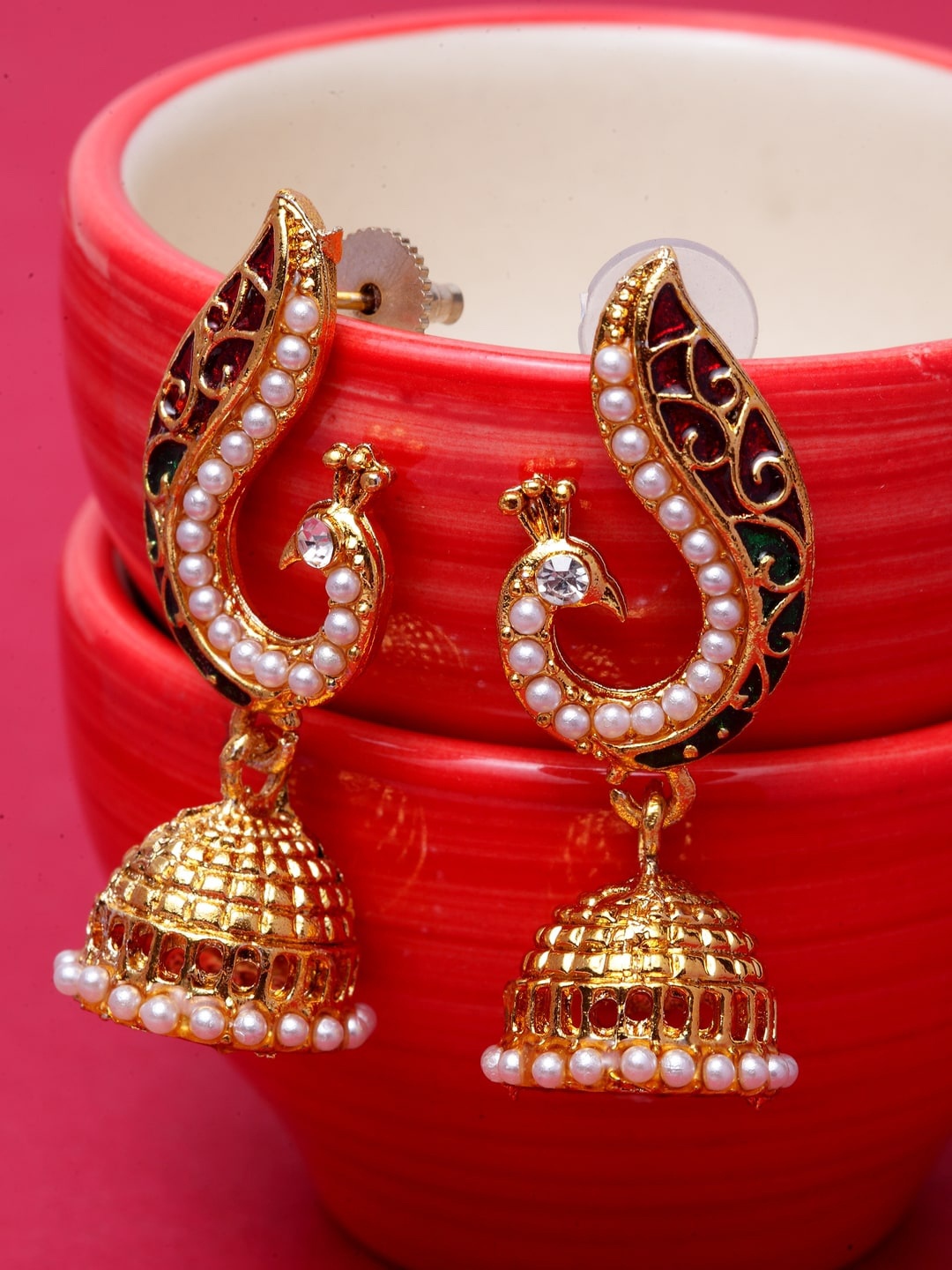 

ANIKAS CREATION Gold-Plated Peacock Shaped Jhumkas