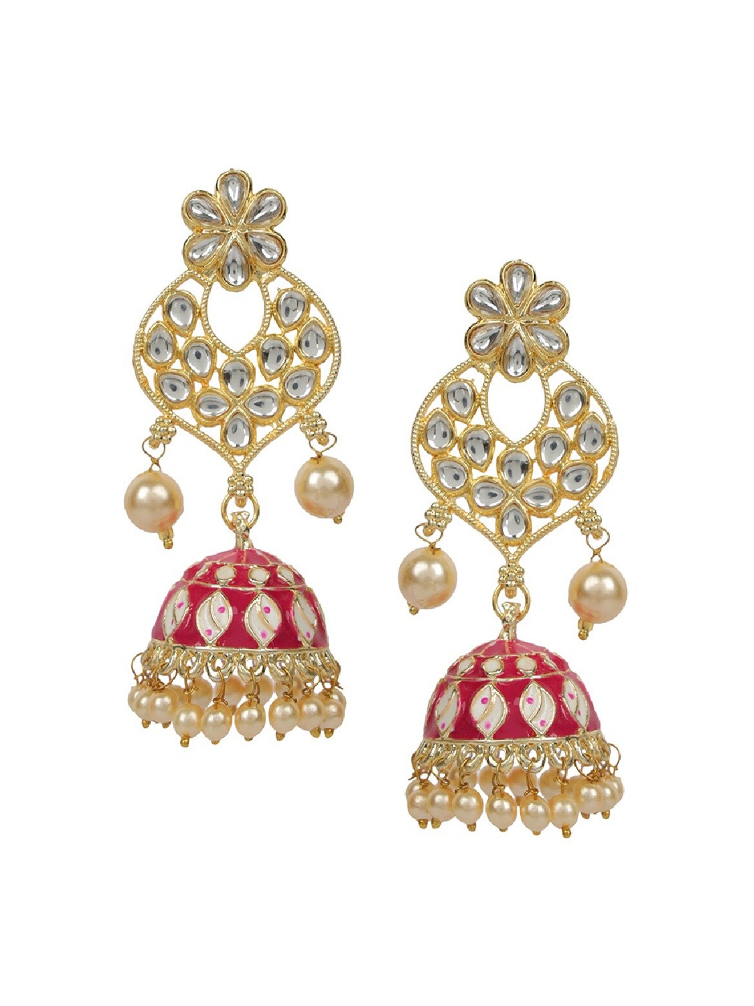 

ANIKAS CREATION Gold-Plated & Red Meenakari Enamelled Dome Shaped Jhumkas