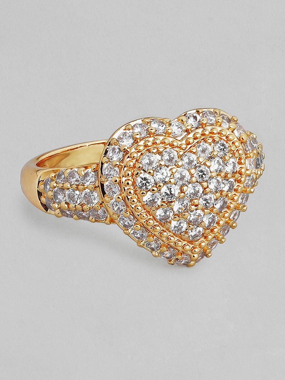 

Rubans Gold-Plated White CZ-Studded Heart-Shaped Handcrafted Finger Ring