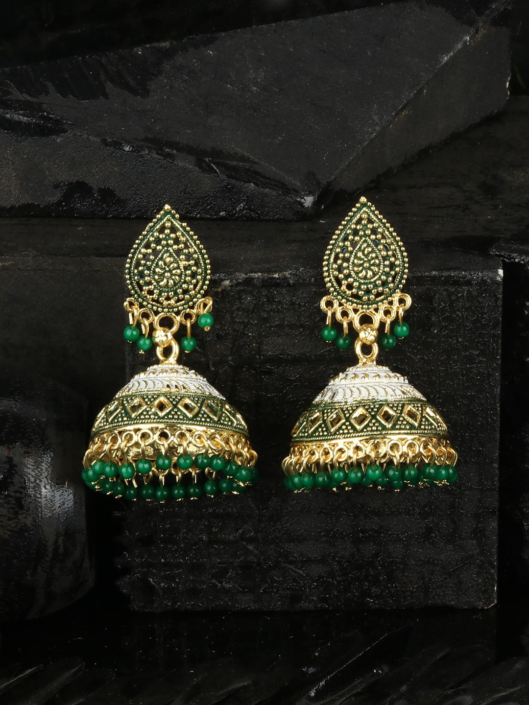 

ANIKAS CREATION Green Gold-Plated Handcrafted Dome Shaped Jhumkas