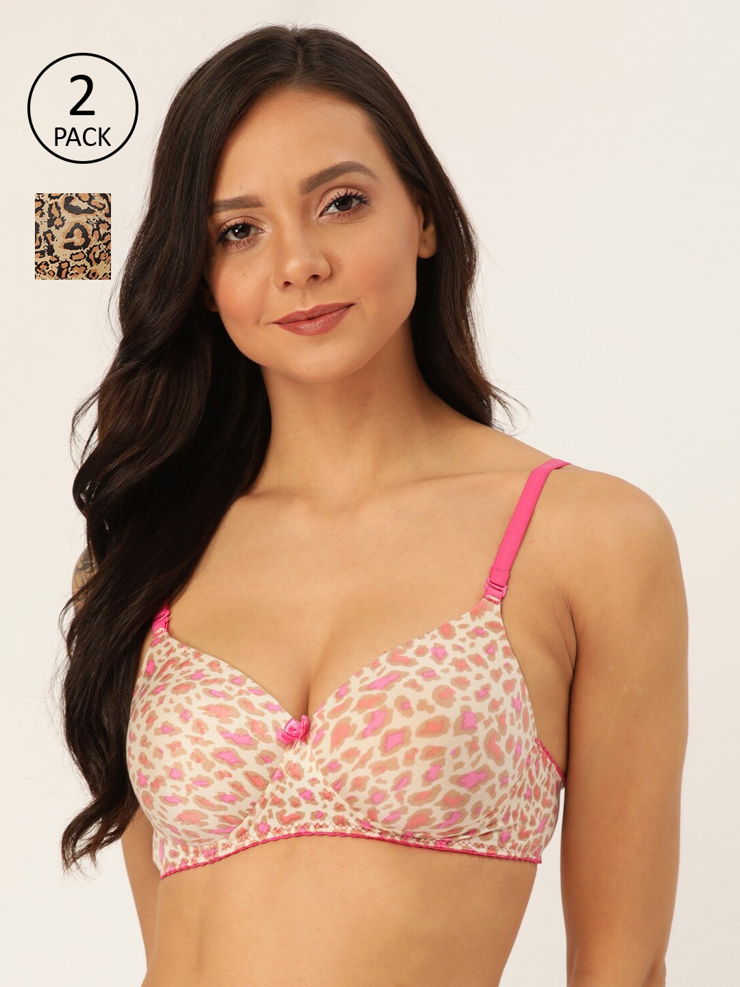 

Lady Lyka Pack Of 2 Printed Non-Wired Lightly Padded T-shirt Bras NESTLE-PNK-BLK, Pink