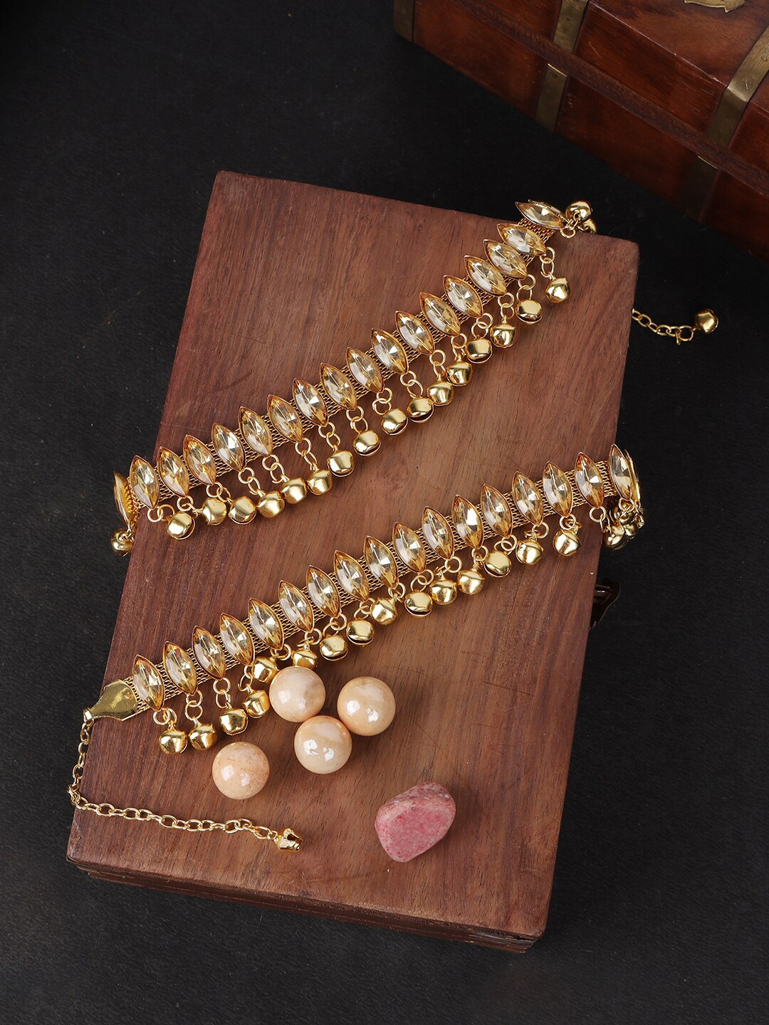 ANIKAS CREATION Set Of 2 Gold-Plated Tan-Brown Kundan-Studded Anklets