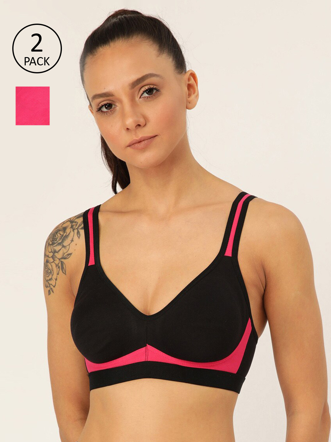 

Lady Lyka Pack Of 2 Black & Pink Solid Non-Wired Non Padded Workout Bras YOUNGSTER-02