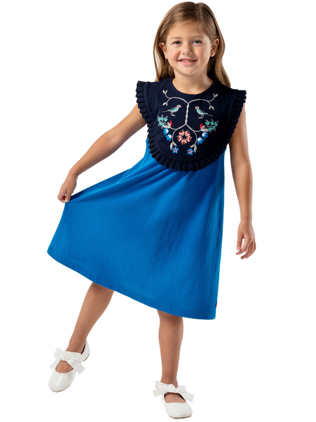 

Cherry Crumble Girls Blue Colourblocked Fit and Flare Dress