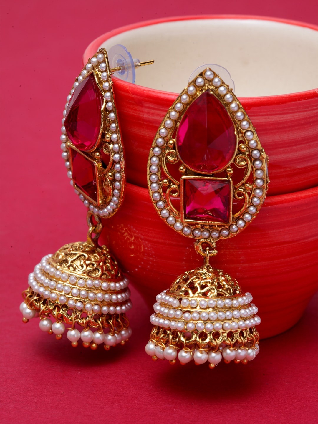 

ANIKAS CREATION Magenta & Gold-Plated Dome Shaped Jhumkas