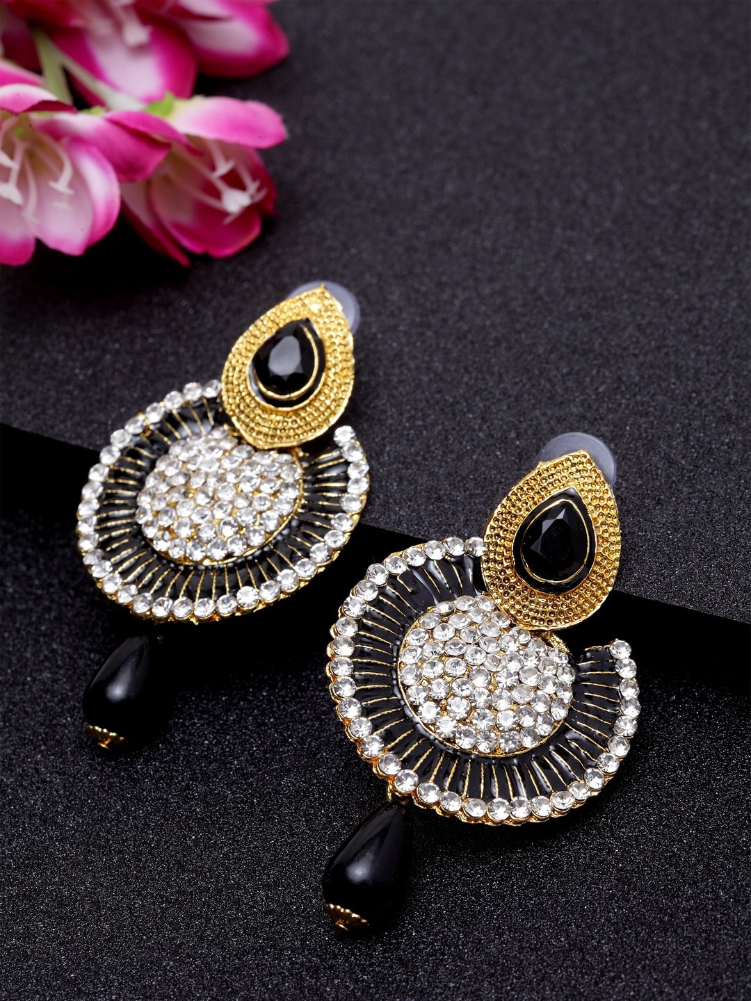 

ANIKAS CREATION Black Gold-Plated Handcrafted Circular Drop Earrings
