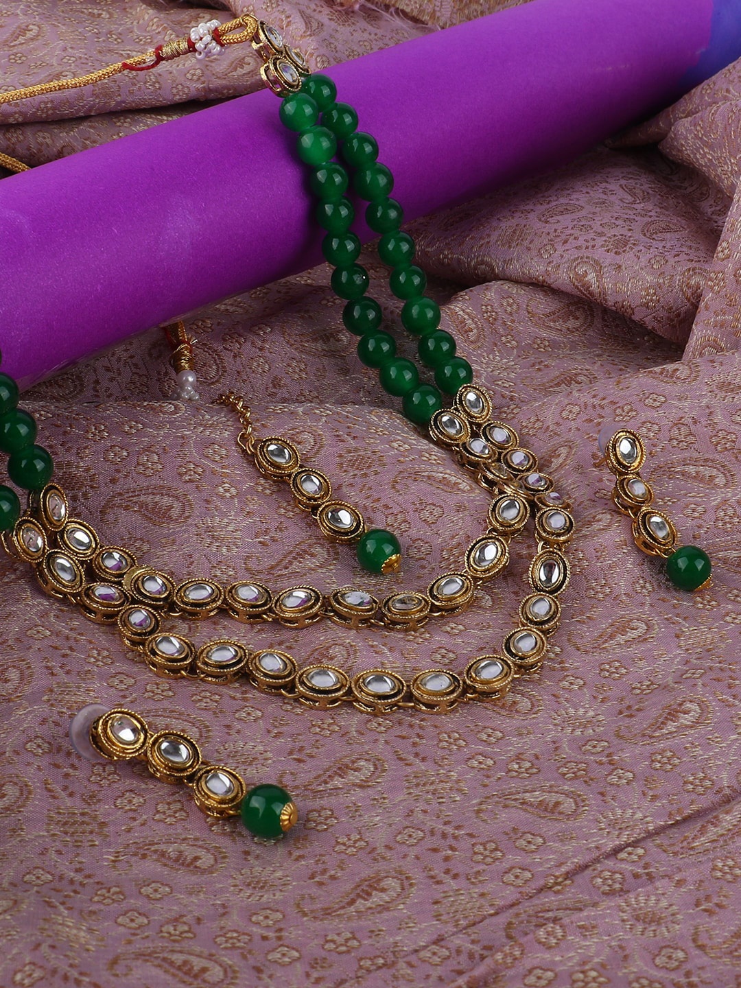 

ANIKAS CREATION Gold-Plated Green & White Multi-Stranded Kundan-Studded & Beaded Jadau Jewellery Set