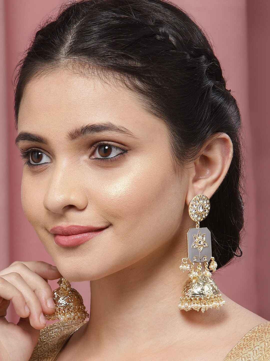 

Melani Borsa Gold-Plated & Grey Dome Shaped Jhumkas