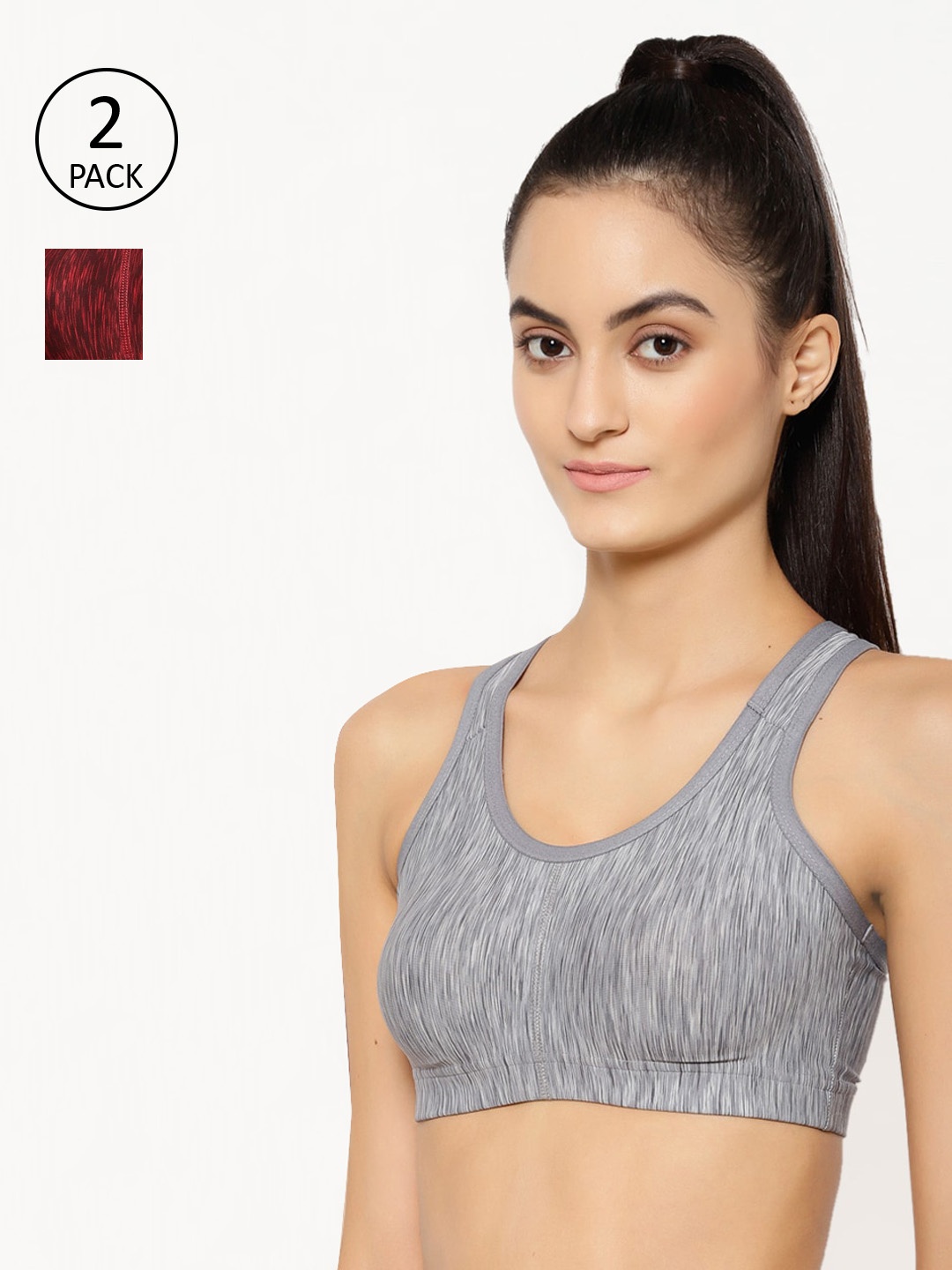 

Floret Pack Of 2 Printed Non-Wired Lightly Padded Workout Bras T3066_Cool Grey-Maroon_30B