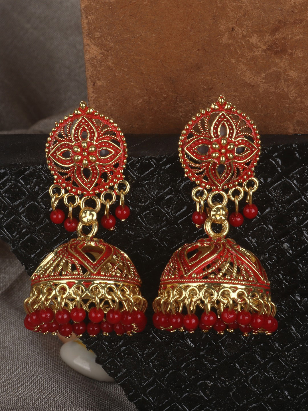 

ANIKAS CREATION Red Dome Shaped Jhumkas