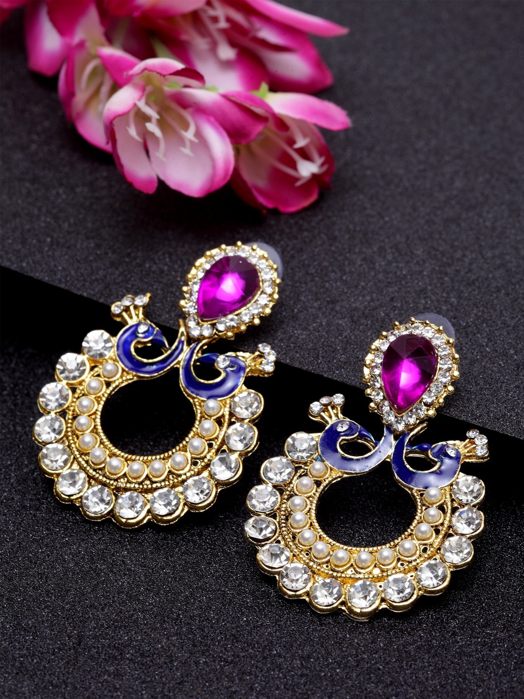 ANIKAS CREATION Purple & Gold-Plated Crescent Shaped Chandbalis