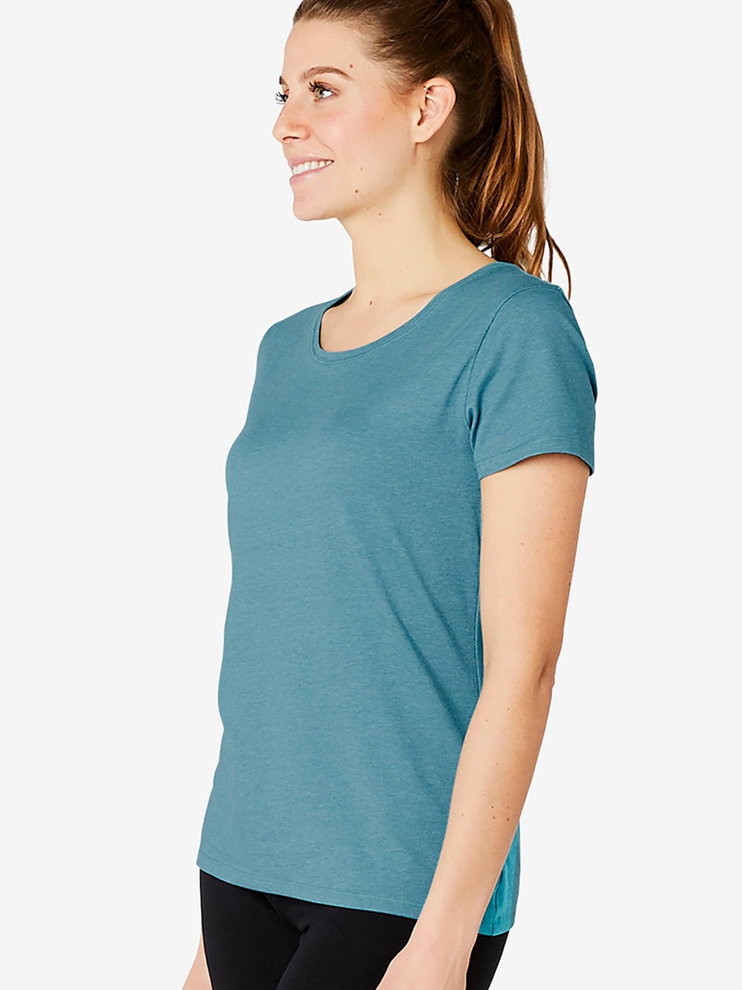 NYAMBA By Decathlon Women Turquoise Blue Solid Round Neck Lounge T-shirt