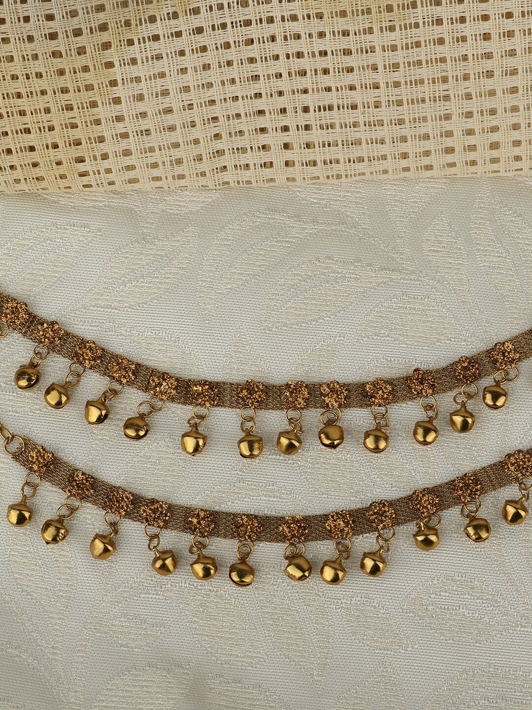 

ANIKAS CREATION Set Of 2 Gold-Plated Tan-Brown Stone-Studded Anklets